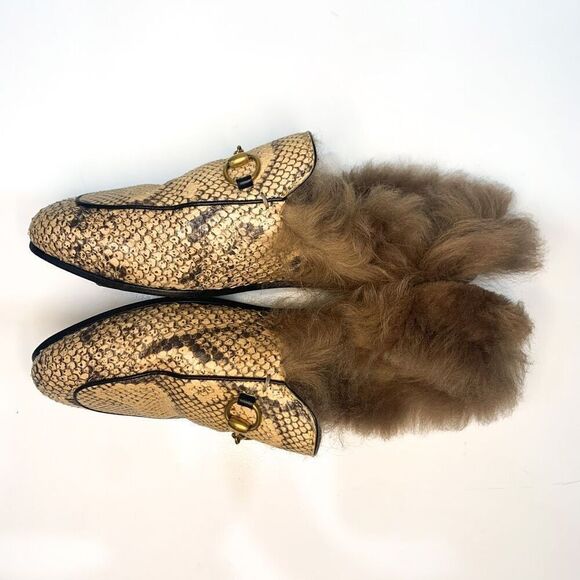 Gucci Princetown Fur Slipper EU 37 US 7 Python Print Horsebit Mule Loafer Flats - Picture 6 of 8
